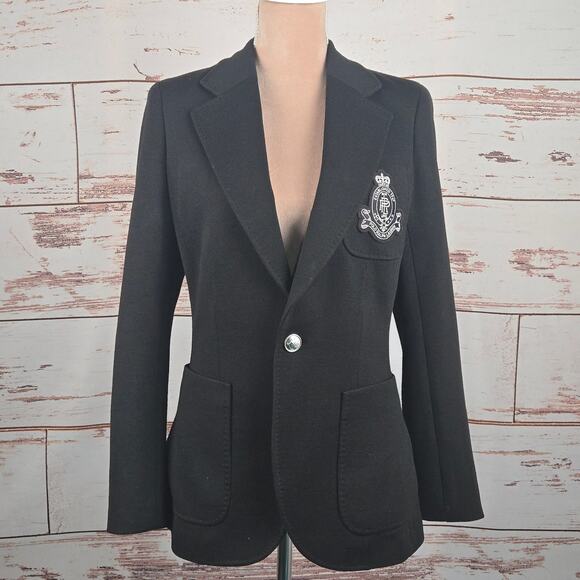 Polo Ralph Lauren Single-Breasted Logo-Crest Knit Blazer Black Size 4 - Picture 1 of 15
